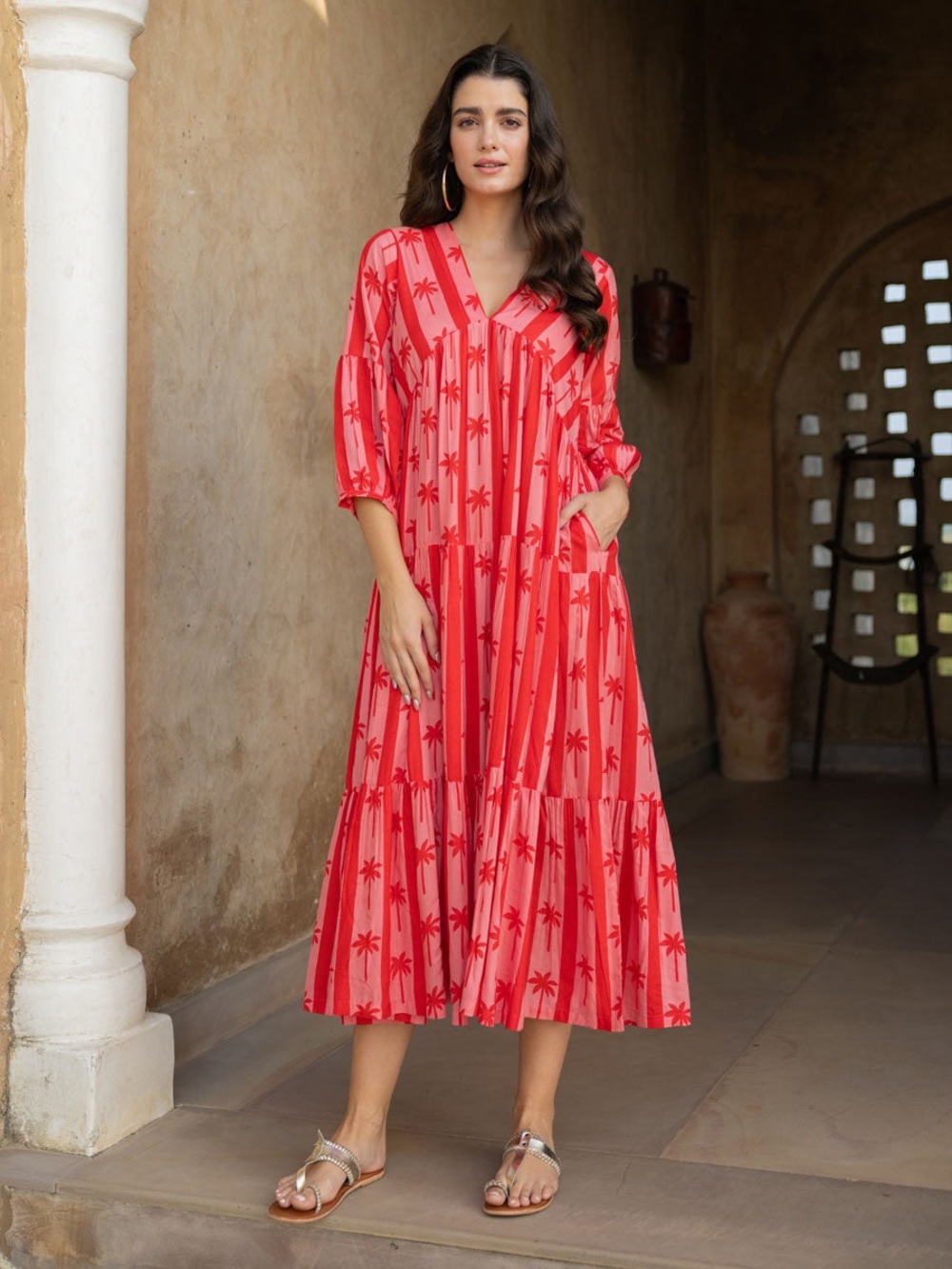 PINKLAY V-Neck Pink Palm Print Tiered Maxi Dress